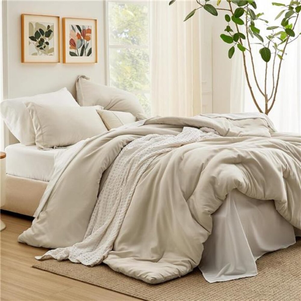Bedsure Queen Comforter Set - 7 Pieces Beige Queen Bedding Set for All Seasons